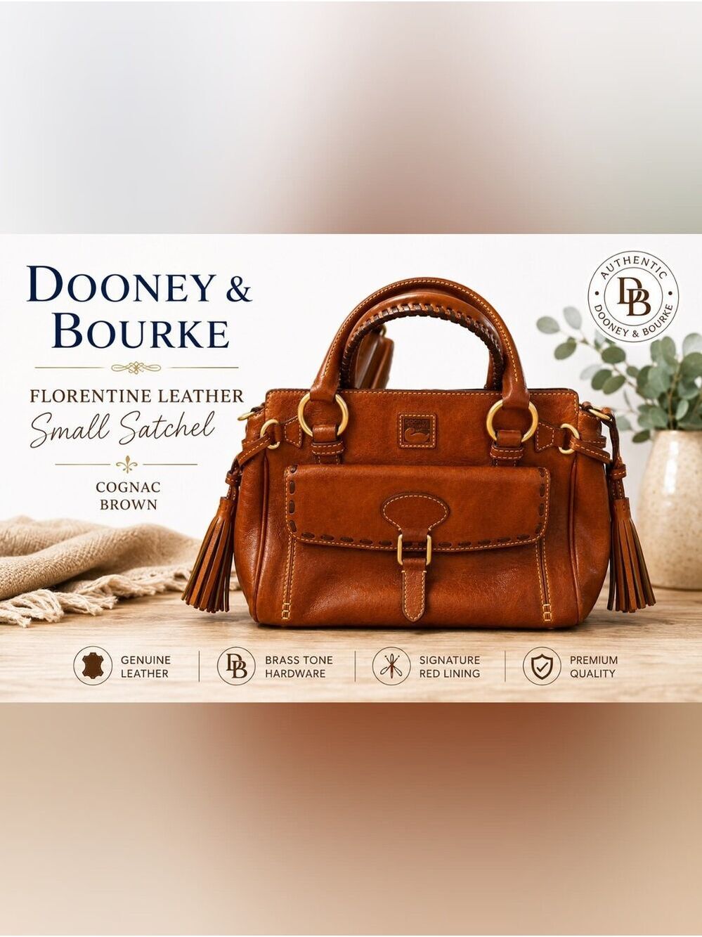 Vintage Authentic Dooney & Bourke Cognac Leather Satchel with Tassels